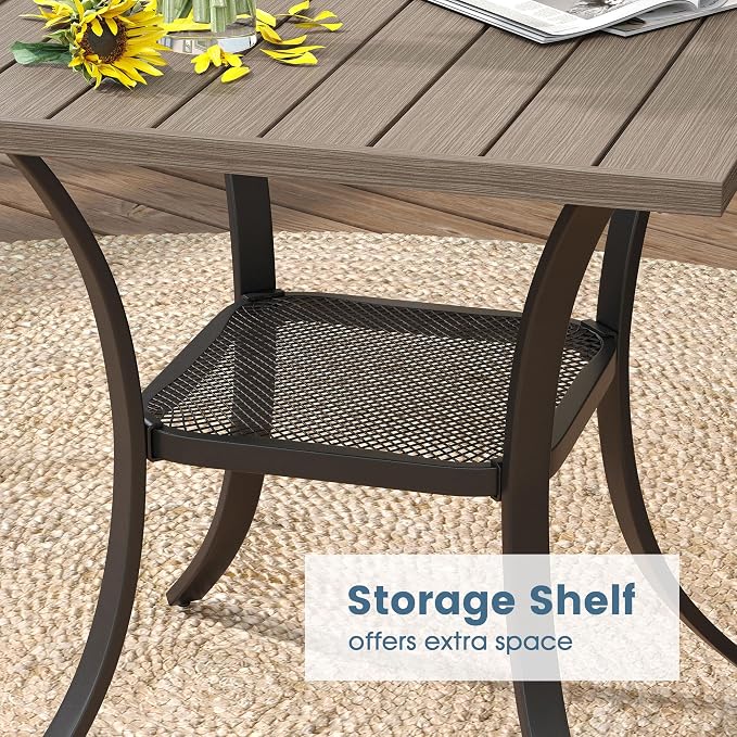 DIFY 3-Piece Outdoor Patio Bistro Dining Set, Grey Wood-Like Small Square Dining Table & 2 Grey Stackable Metal Chairs with Breathable Fabric, Outdoor Furniture Set for Balcony, Porch, and Deck - Image 6