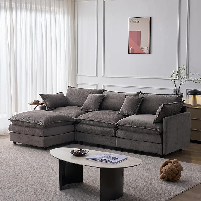 105" Oversized Modular Cloud Sectional Sofa Free Convertible L-Shaped Corner Sectional with Movable Ottoman, Chenille Upholstered Multiple Cushions Cloud Sofa Couches | Easy to Assemble