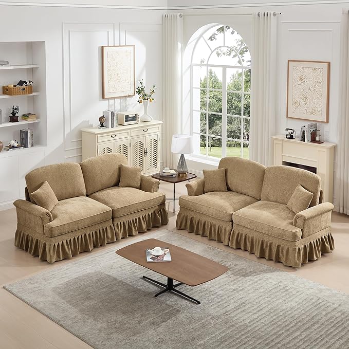 KEIKI Mid Century Modular Sofa with Flared Arms and Skirted Design, 76" Loveseat Chenille Sectional Couches Set for Living Room, Soft Apartment Size Couch, Home Sofa Bedroom Furniture, Light Coffee