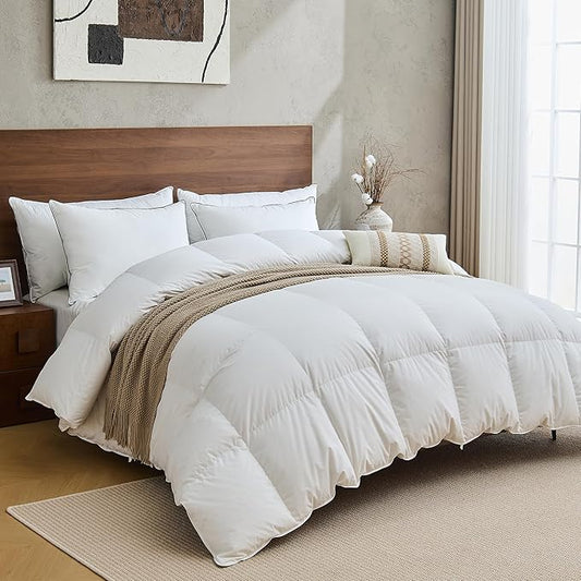 Hotel Goose Feather Down Fiber Comforter Twin Size, 100% Organic Cotton Duvet Insert with 8 Loops, All Season Extra Fluffy Luxury Bedding(68"x90", White)