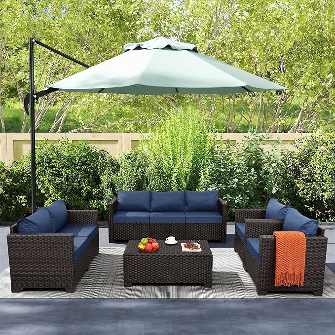 Rattaner Patio Furniture Set 5 Pieces Outdoor Furniture Set Outdoor Couch Coffee Table with Storage No-Slip Cushions and Waterproof Covers, Navy Blue