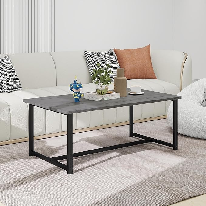 35.4" Rectangular Coffee Table for Living Room, Modern Industrial Style Coffee Table Center Table with Metal Frame for Small Space, Apartment, Office, Easy Assembly, Grey