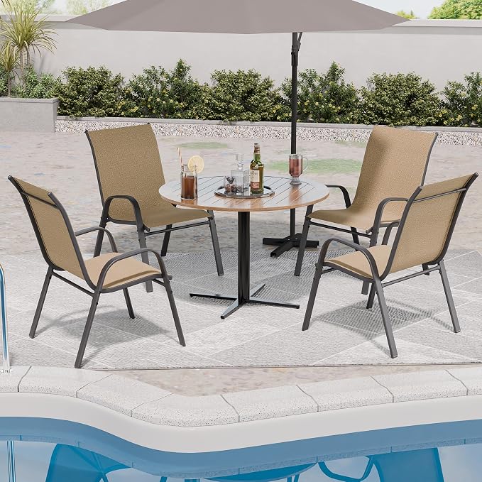 Patio Chairs Set of 4, Outdoor Dining Chairs Stackable for All Weather, Breathable Metal Modern Outside Furniture Chair for Pool Side, Garden, Backyard Deck, Brown - Image 4