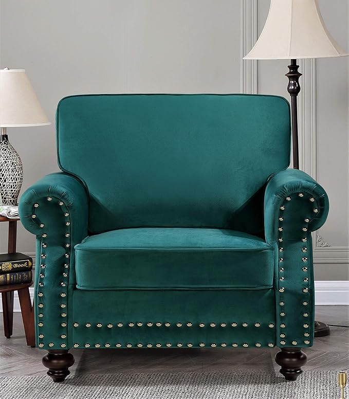 Lotus Mid Century Modern Velvet Upholstered Living Room Rolled Arms, Chair, Loveseat and Sofa, Green