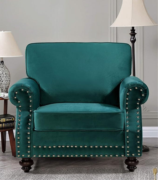 Lotus Mid Century Modern Velvet Upholstered Living Room Rolled Arms, Chair, Pine Green