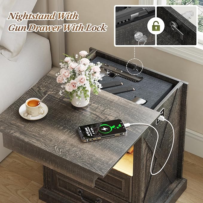 Dystler Night Stand with Gun Drawer, Bedside Table with LED Light & Human Sensor, Nightstand Gun Safe with 2 Drawers for Bedroom, Farmhouse End Table with Charger Station, Rustic Brown - Image 3