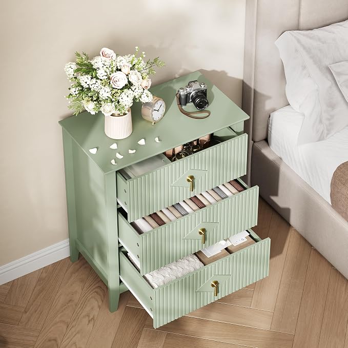 GarveeHome Fluted Dresser for Bedroom, 27.5" Wide 3-Drawer Wood Dresser, Modern Chest of Drawers, Storage Organizer Cabinet for Living Room, Hallway, Entryway, Green - Image 6