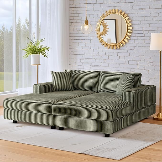 69-inch Oversized Chaise Recliner Lounge Deep Seat Upholstered Sleeper Daybed with 4 Pillows,Soft Corduroy Loveseat Double Chaise Sofa Couch Extra Wide Sleeper Chair Sofabed for Living Room Bedroom
