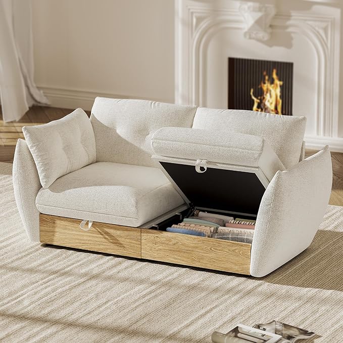 70" Loveseat Sofa with Storage, Cotton and Linen Fabrics Modern Oversized Modular Sectional Cloud Couch with Armrest Pillow, Easy Assembly for Small Spaces, Ivory