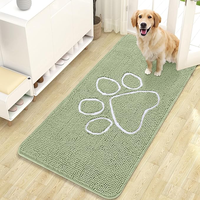 OLANLY Dog Door Mat for Muddy Paws 47x24, Paw Print Design, Absorbs Moisture and Dirt, Non-Slip Washable Doormat, Quick Dry Chenille Mud Mat for Dogs, Entry Indoor Entryway Carpet, Sage Green by OLANLY