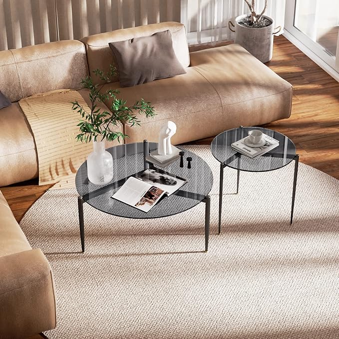 Round Tempered Glass Table 31.5 inch Large Circle Top Metal Frame Grey