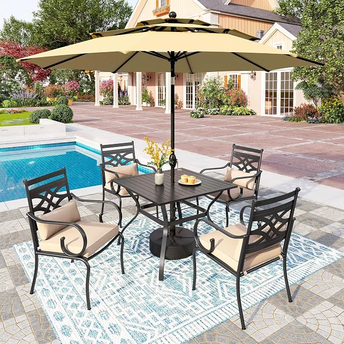 PHI VILLA Outdoor Patio Dining Set for 4 People with 10ft 3-Layer Auto-tilt Round Umbrella(Beige), Includes 4 Outdoor Chairs with Cushions and a Metal Square Table, Perfect for Garden, Lawn, or Deck by PHIVILLA