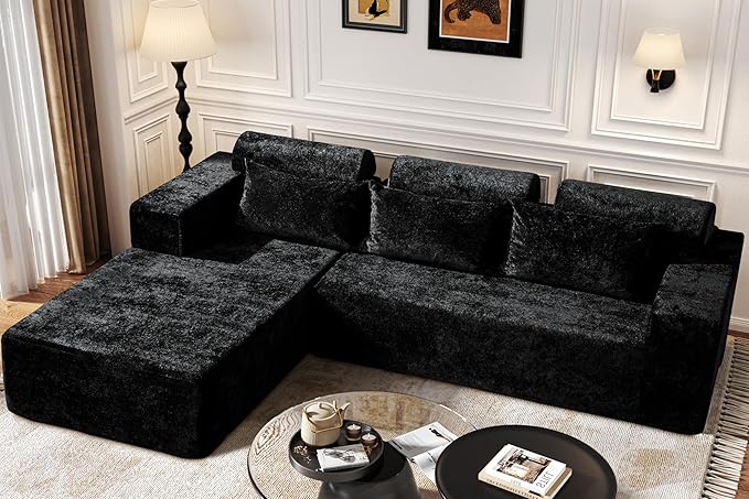 Homguava Modular Sectional Couches for Living Room,105" Cloud Couch with L-Shape Chaise,Comfy Sofa Living Room Couch with Deep Seat,No Assembly L Couch,Luxury Distressed Velvet(Black,L)