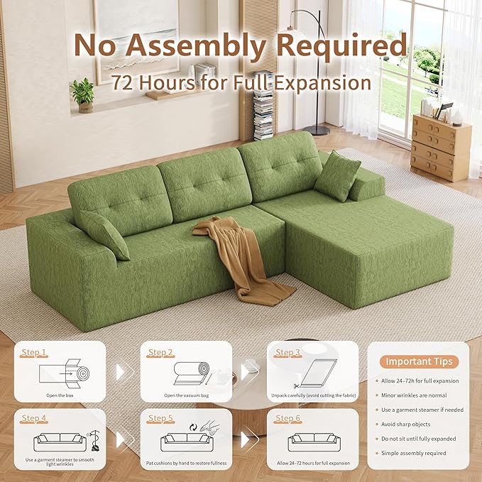Ball & Cast 106" Modular Sectional Sofa, Convertible Cloud Couch with Deep Seat, Boneless L-Shaped Sectional, Flexible Modular Combination for Living Room, No Assembly (Green, Right Facing Chaise)