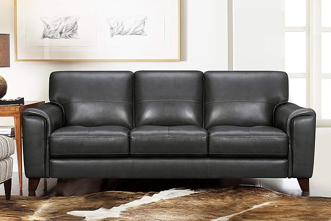 Armen Living Bergen 87" Pewter Genuine Leather Square Arm Sofa