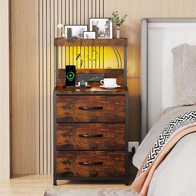 SZLHANJZ Nightstands Set of 2, End Table with LED Light and Charging Station Type C, 3 Drawers Storage Night Stand with Hooks, Tall Bed Side Table for Bedroom Dorm, Rustic Brown - Image 2