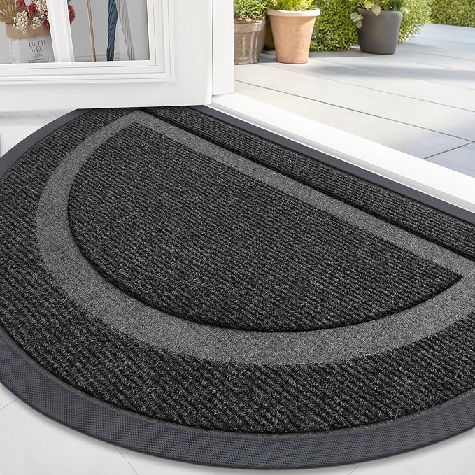 OLANLY Half Circle Door Mat Indoor Outdoor Entrance Welcome, Waterproof All-Season, All-Weather Doormat, Sturdy Natural Rubber, Low Profile, Easy Clean Patio Porch Entryway Mat, 36x24, Black by OLANLY