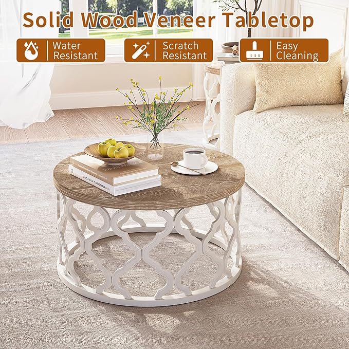 karlott Farmhouse Coffee Table, French Country Round Coffee Table, Coastal Coffee Tables with Distressed Top, Boho Center Table with Curved Motif Frame Base for Living Room, Dining Room, Bedroom