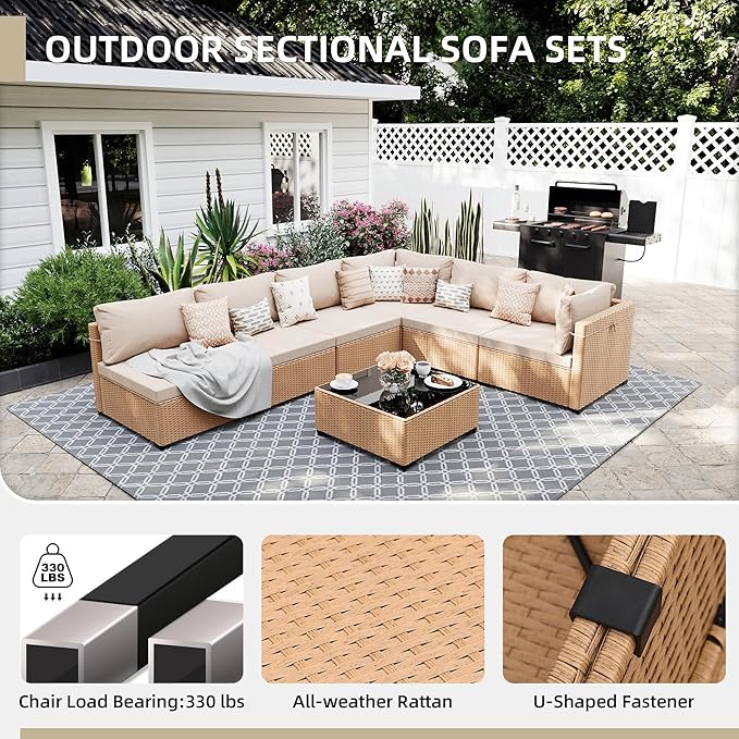 UPHA 9 Pieces Patio Furniture Sets, Wicker Outdoor Sectional Sofa Couch with Round Propane Pit for Deck Backyard Garden, Beige Rattan, Beige Cushion