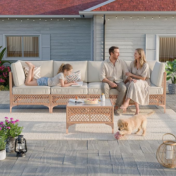 Vikiullf Patio Conversation Set, 5 Piece Outdoor Sectional Sofa Set with Coffee Table, Wicker Bistro Set with Thick Cushions, for Garden, Backyard, Poolside (Beige)