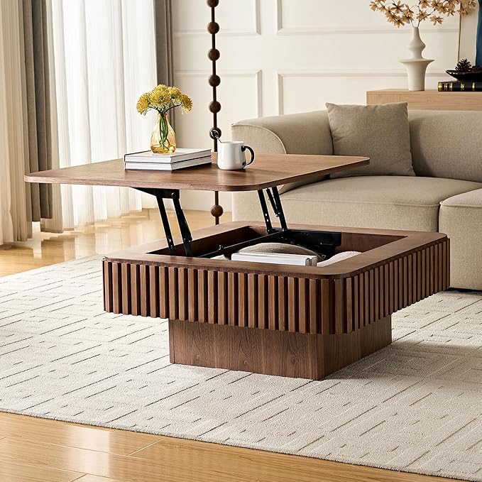 Square Lift Top Coffee Table with Storage for Living Room Office, Modern Fluted Coffee Table, 35.43" Wood Dining Center Tables with Large Hidden Space - Walnut