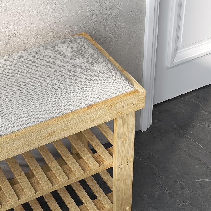HOMCOM Bamboo Shoe Bench, 3-Tier Entryway Bench with Storage and Cushion, Shoe Organizer for Entryway, Hallway, Holds Up to 331 lbs, 35.4 x 11.4 x 19.3 Inches, Natural - Image 8