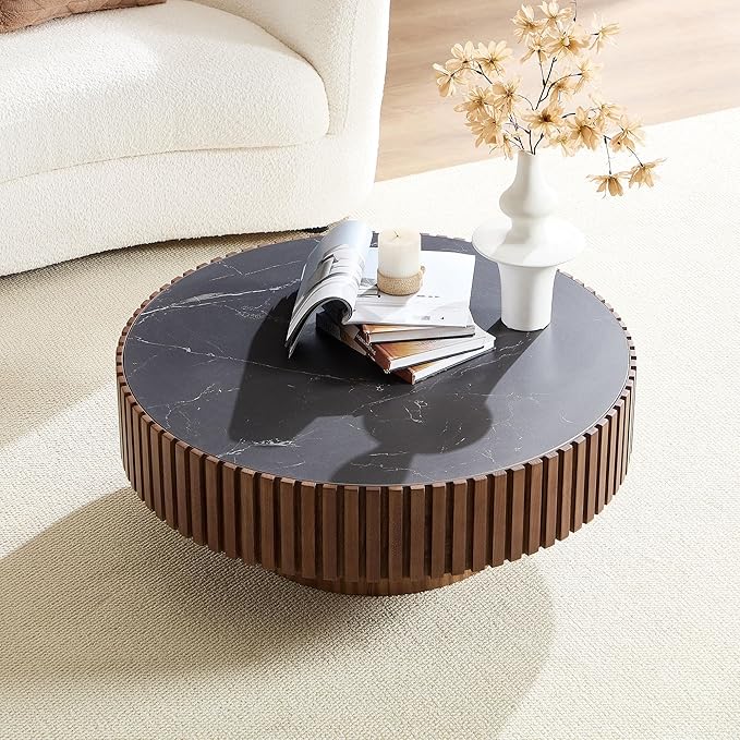WILLIAMSPACE 35.43" Round Coffee Table with Sintered Stone Tabletop, Modern Farmhouse Wood Circle Drum Center Table for Living Room, Accent Side End Table for Apartment, 13.77" H (Walnut+Black)