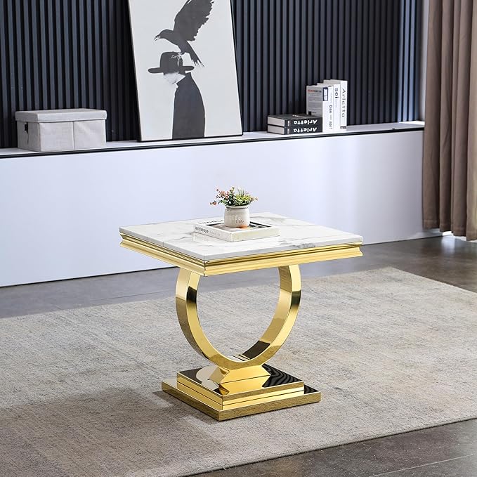 Modern Faux Marble End Table, Faux Marble Side Table with Geometric Frame, Rectangular Marble Center Table Tea Table Accent Furniture for Living Room, Simple Assembly (Gold)