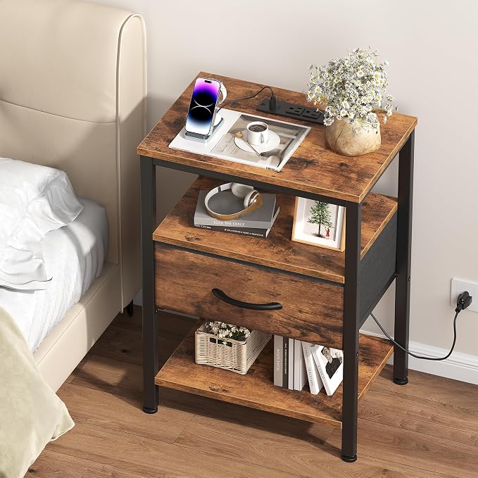 OLIXIS Nightstand with Charging Station, Bedside Tables with USB Ports and Fabric Drawer, Small Night Stand with Open Adjustable Shelf, Compact End Table for Bedroom, Rustic Brown - Image 2