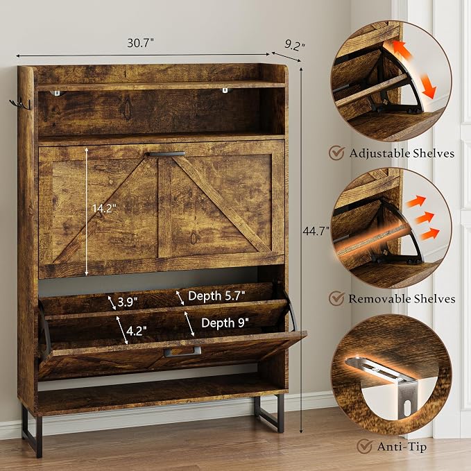 BORNOON Shoe Cabinet with 2 Flip Drawers Narrow Shoe Storage Cabinet Organizer Wooden Freestanding Rack Hidden Slim Storage for Entryway, Hallway, Living Room, Bedroom (Brown) - Image 2