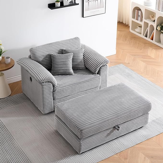 KEIKI 47.24 inch Corduroy Sofa, Corduroy Armchair with Storage Feet, 2 Throw Pillows, Sleeper Couch for Living Room, Apartment, Salon, Home Theater, Gray