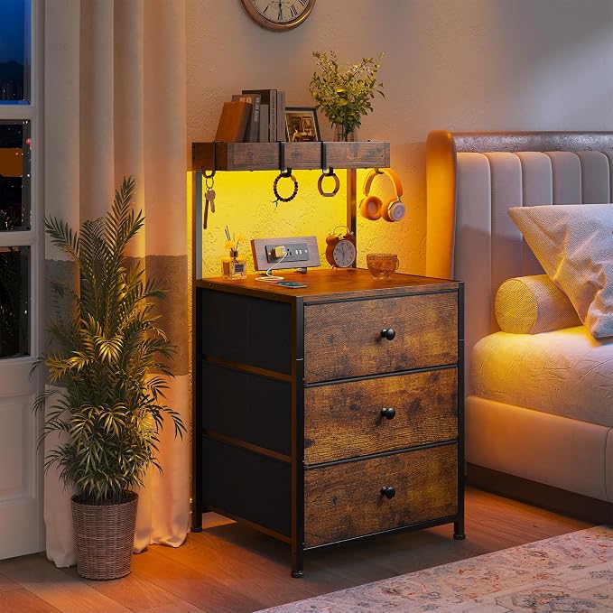 EnHomee Nightstand with Charging Station & LED Lights, Nightstand with 3 Fabric Drawers, Bedside Table for Bedroom, Entryway, Hallway, Closet, 4 Hooks, 1 top Shelf, Rustic Brown - Image 6