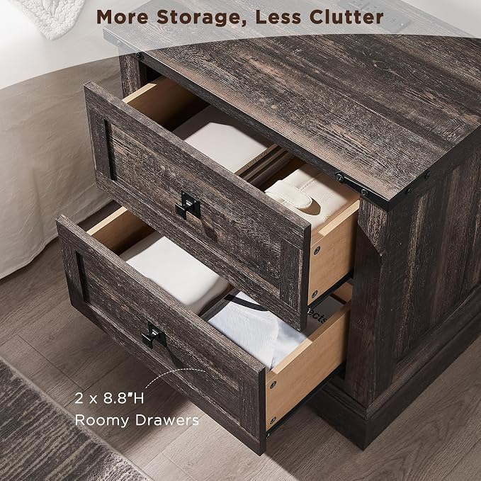T4TREAM 24" Farmhouse Nightstand with Charging Station Set of 2, Large End Table with 2 Storage Drawers, Rustic Wood Sofa Bedside Table for Bedroom, Dark Rustic Oak - Image 6