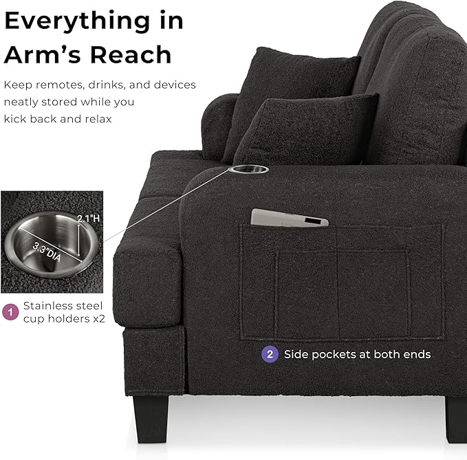 Homes: Inside + Out Reese Modern Plush Boucle Comfortable Loveseat with Side Pockets, Cup Holders and Pillows, Wooden Soft Couch for Living Room, Bedroom and Office, Dark Grey