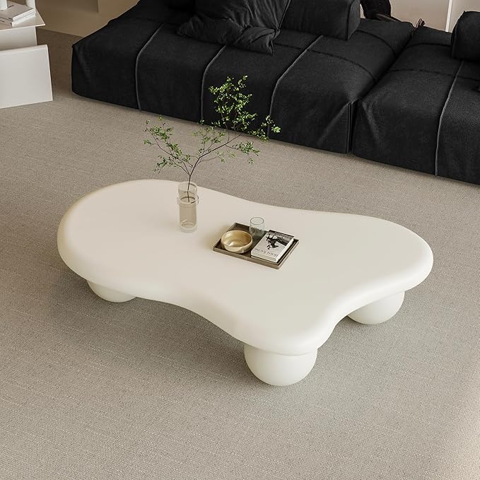 40" Modern White Coffee Table Cloud Shape Low Center Table Cute Irregular Indoor Tea Table with 3 Ball Legs for Living Room Small Space