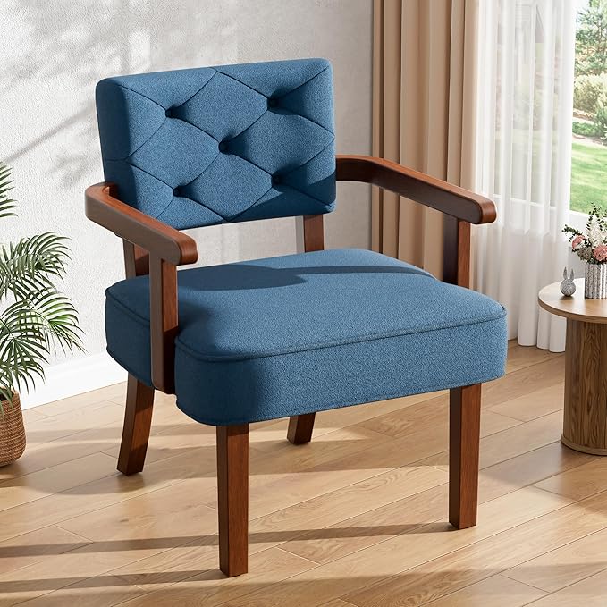 Modern Accent Chairs Set of 2,Butacas para Sala,Mid Century Small Arm Chair,Upholstered Wooden Chairs with Arm Rest,Tufted Backrest,Cushion, for Office,Waiting/Reading/Living Room, Navy Blue