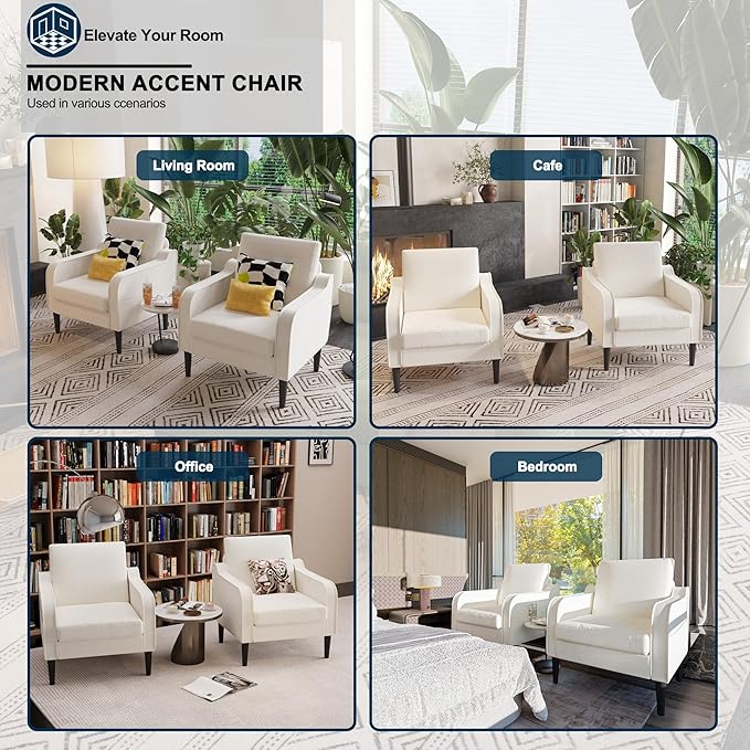 Ribilake Cream Accent Chair Set of 2 - Upholstered Armchair with Side Pockets, Comfy Living Room Arm Chair, Reading Accent Chairs for Bedroom, Living Room, Apartment, Office