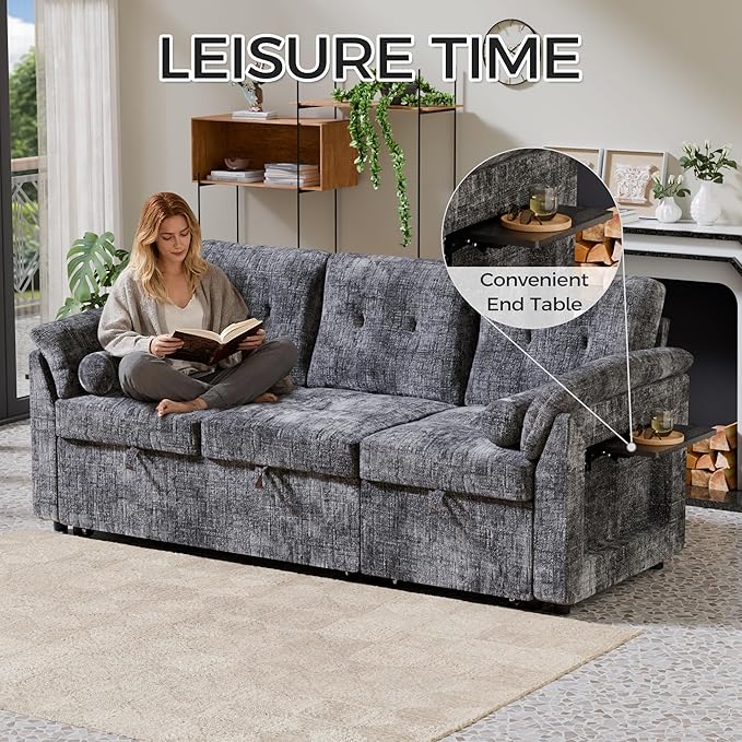 3 in 1 Convertible Sofa Bed, Chenille Pull Out Couch with Side Table, 3 Seat Pull Out Sofa Bed with Level Adjustable Backrest, Comfy Sleeper Sofas for Living Room, Apartment, Gray