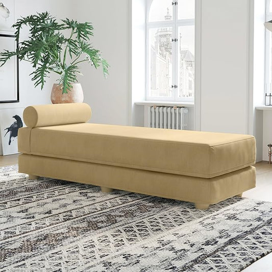 Jaxx Alon Daybed - Fold-Out Sleeper Chaise with Premium Memory Foam Queen-Size Mattress - Made in The USA - Camel