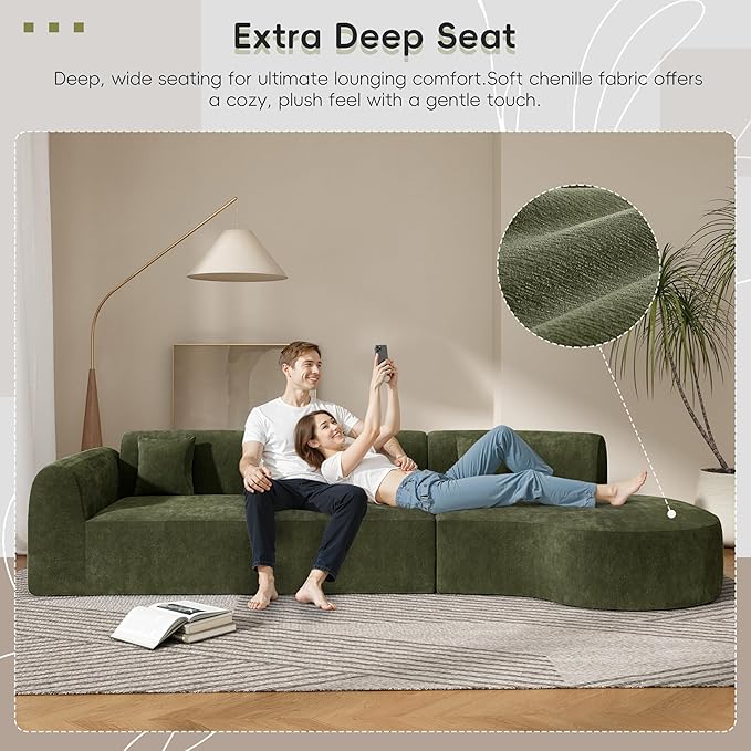 Merax 140" Curved Polyester Sectional Sofa Set, 7 Seat Modern Cloud Couch with Chaise Lounge,3 Pillows, Fully Assembled for Living Room, Green