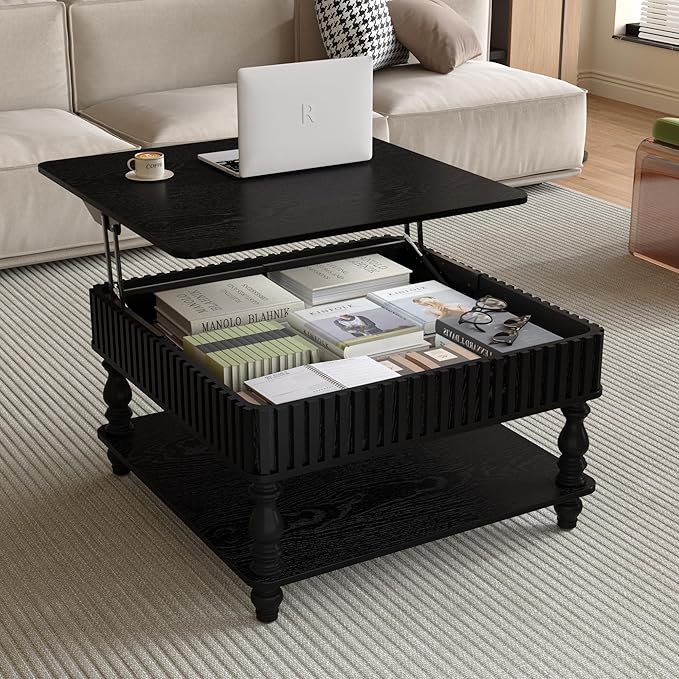 31.5" Square Lift Top Coffee Table with Storage Modern Fluted Coffee Tables with Lifting Top, Farmhouse Solid Wood Center Table with Table Legs for Living Room, Apartment or Office (Black)