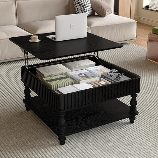31.5" Square Lift Top Coffee Table with Storage Modern Fluted Coffee Tables with Lifting Top, Farmhouse Solid Wood Center Table with Table Legs for Living Room, Apartment or Office (Black)