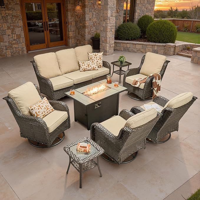 ovios 8-Piece Patio Furniture Set with Swivel Chairs Coffee Table, Outdoor Wicker Sofa with 42" Fire Pit Table, High Back Couch Modern Conversation Sets, Brown/Beige