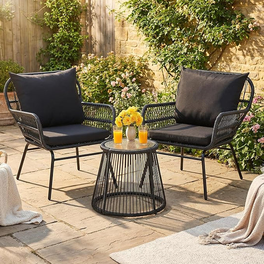 Bezseller 3-Piece Outdoor Patio Set - 20" Wide Seating w/ 2" Thick Cushions, 14.2" Seat Height - Modern Boho Furniture for Gardens, Balcony & Apartments