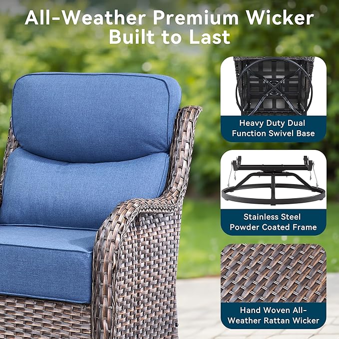 Luxury High Back Outdoor Furniture with 6-Inch Thick Cushions, Patio Furniture Set with Swivel Chairs, 8 PCS Wicker Conversation Set for Porch, Balcony, Deck and Yard