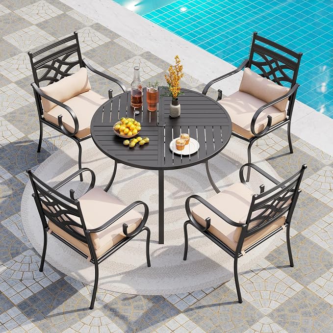 PHI VILLA 5 Pieces Outdoor Dining Set for 4, 42" Round Black Metal Table with Umbrella Hole & Wrought Iron Chairs, Rustproof Large Outside Furniture with Cushions & Pillows for Patio, Deck, Porch by PHIVILLA