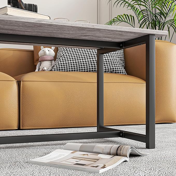 Coffee Table for Living Room, Modern Rectangular Center Coffee Tables for Small Space, Industrial Furniture, Sofa End Tables/Tea Table/Center Table, Couch Table with Metal Black Frame Grey Top