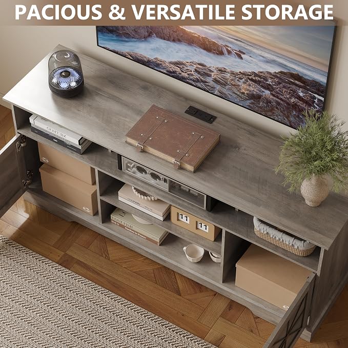 TV Stand for 65 Inch TV, Farmhouse Entertainment Center with RGB LED Lights, 59 Inch Media Console with Adjustable Center Shelf and Storage Cabinets, Rustic Barn Door Style - Image 6