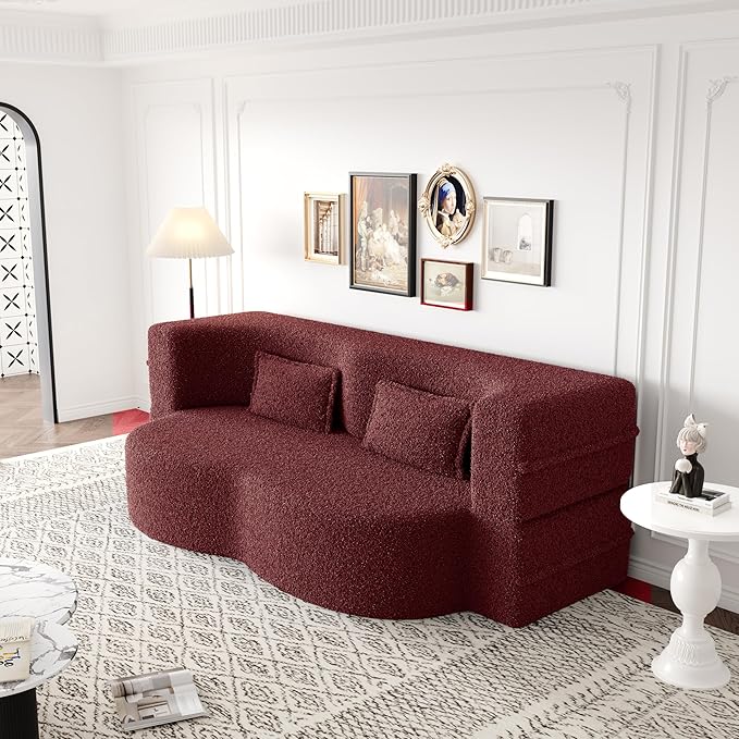 78" Oversized Convertible Folding Sleeper Sofa Bed, Fold Out Floor Lounge Sofa Couch with Curved Design, Cloud Teddy Fleece Upholstered Foldable Mattress Couch Cozy Sofabed for Living Room