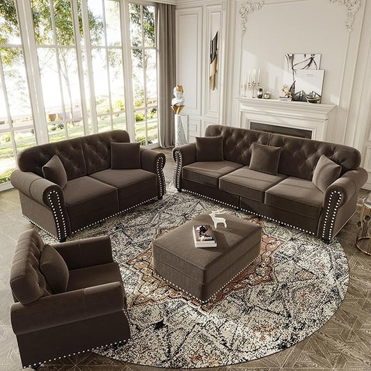 KEIKI 3-Piece Chesterfield Sofa Set with 1 Velvet 3-Seater Sofa & 1 Loveseat & 1 Single Sofa, 6-Seater Couch Set with Nailhead Trim & Rolled Arms & 1 Ottoman & 6 Pillow, for Living Room, Brown